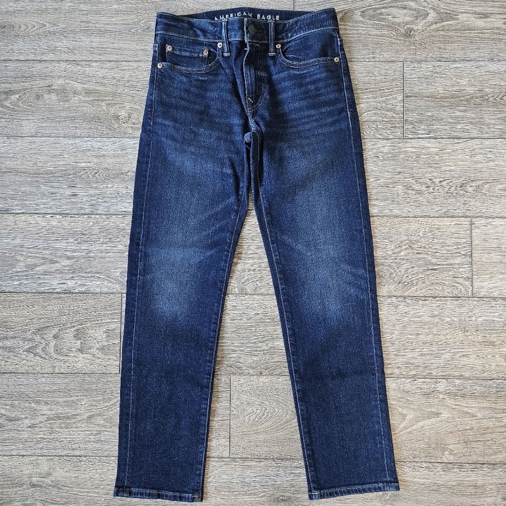 American Eagle Slim Straight Mid Rise Jeans in Dark Blue Wash